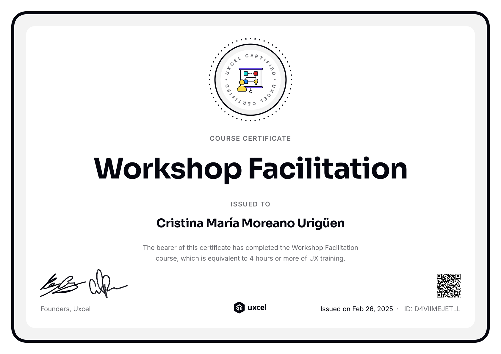 Cristina María Moreano Urigüen's certificate